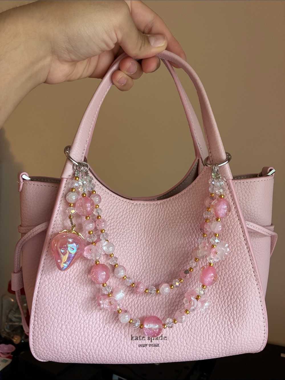Pink Floral Beaded Strawberry Charm Bag Chain